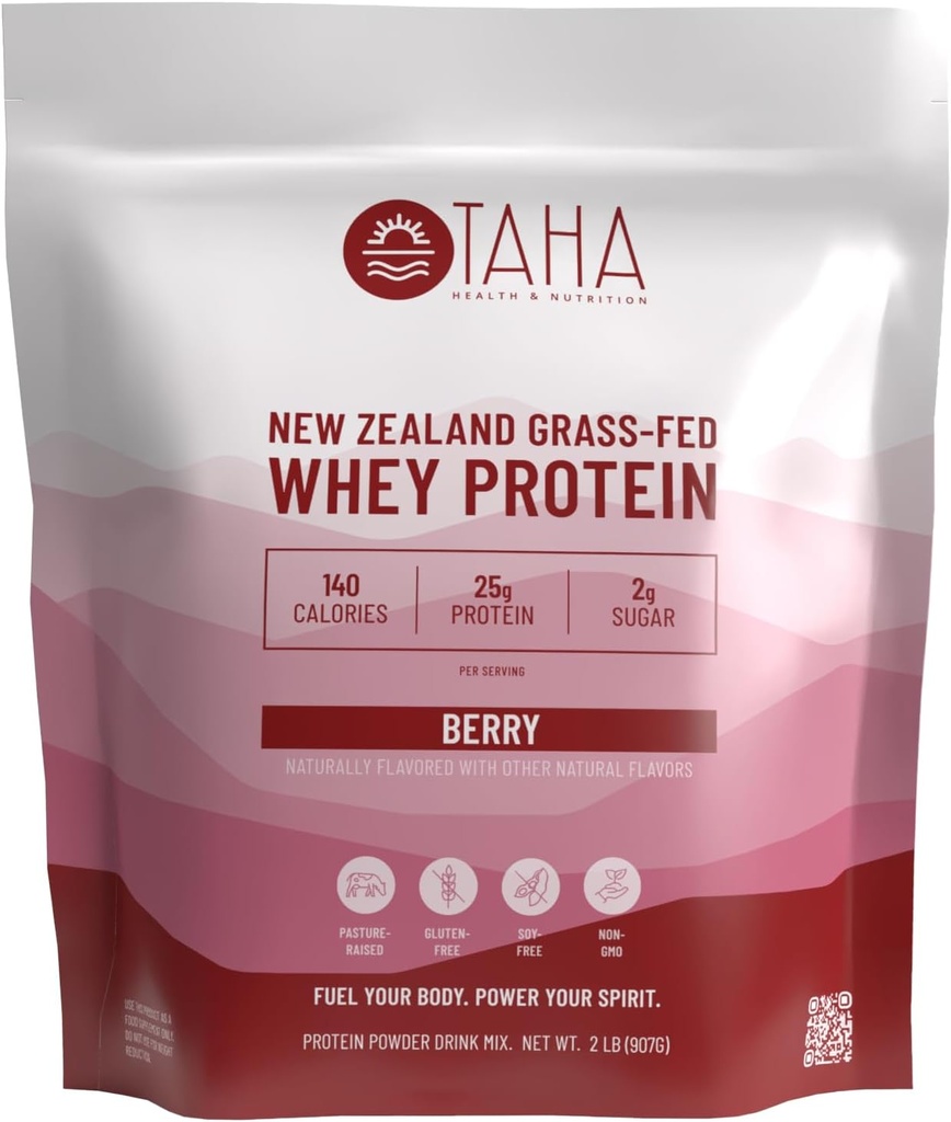 Taha Health & Nutrition Berry Flavored Whey Protein Concentrate Powder, 25g Protein, 140 Calories, 2g Sugar ← Nueva Zelanda Grass-Fed, Free-Range Dairy