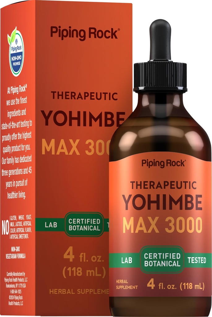 Piping Rock Yohimbe Bark Extract Suplemento Silencio 4 Fl Oz ← Herbal Liquid Drops for Men &amp; Women ← Alcohol Free ← Vegetarian, Non-GMO, Gluten Free