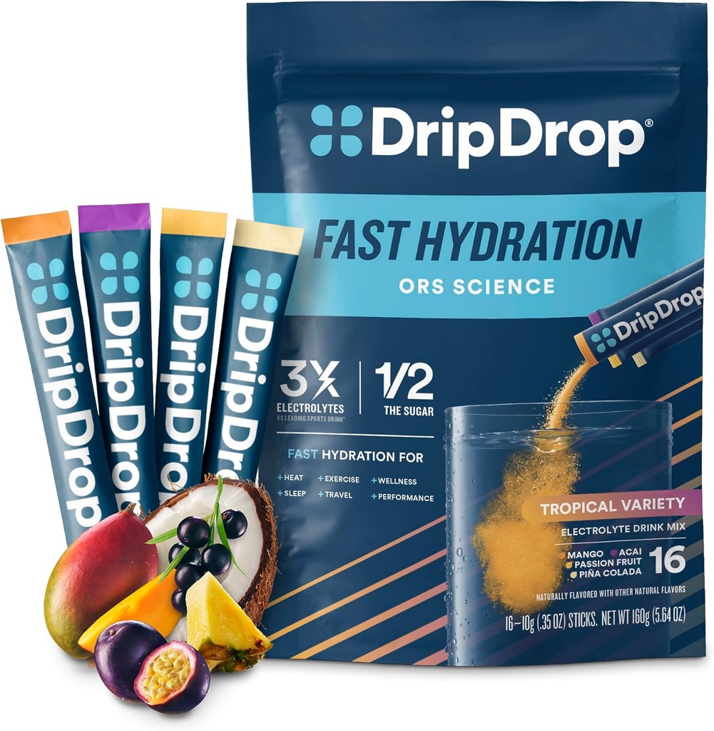 DripDrop Hydration Packets - Empaquetado de Variedad Tropical - Electrolitos de Servición Única Powder Drink Mix - Mango, Açaí, Fruta de Pasión, Piña Colada - Sin Gluten, Vegan - 16 Sticks
