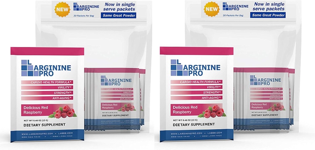 L-ARGININE PRO Suplemento Powder Silencio 60 Packets Single Serve Travel Size  5,500mg de L-arginine Plus 1,100mg L-Citrulline, Raspberry