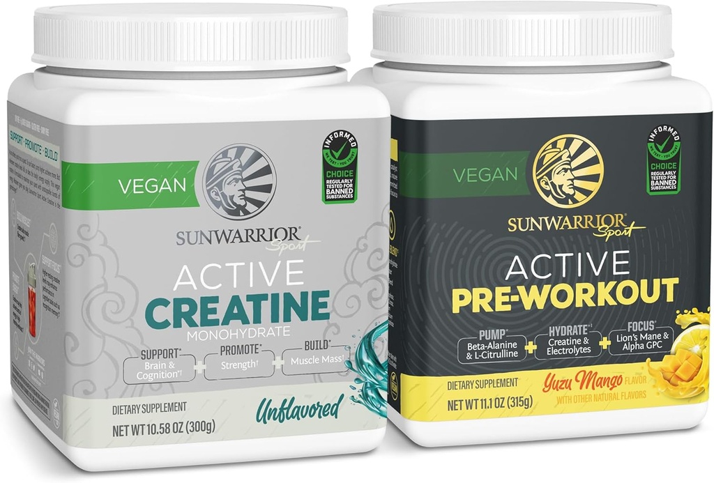Active Preworkout Hydration Blend &amp; Creatine Monohydrate Powder Set ¦ Bundle " Save ← Non-GMO Soy Dairy Filler " Gluten Free (60 Servings Unflavored Creatine, 30 Servings Yuzu Mango Pre Workout)