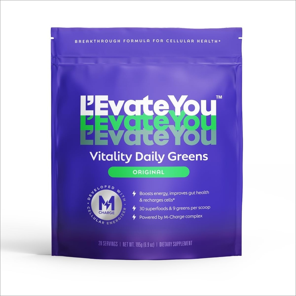 L'Evate You Vitality Daily Greens Powder (28 Servings) 30 Superfoods, 9 Greens - para un Boost Cellular Energy, Powered by M-Charge Complex for All Day Energy (Original)