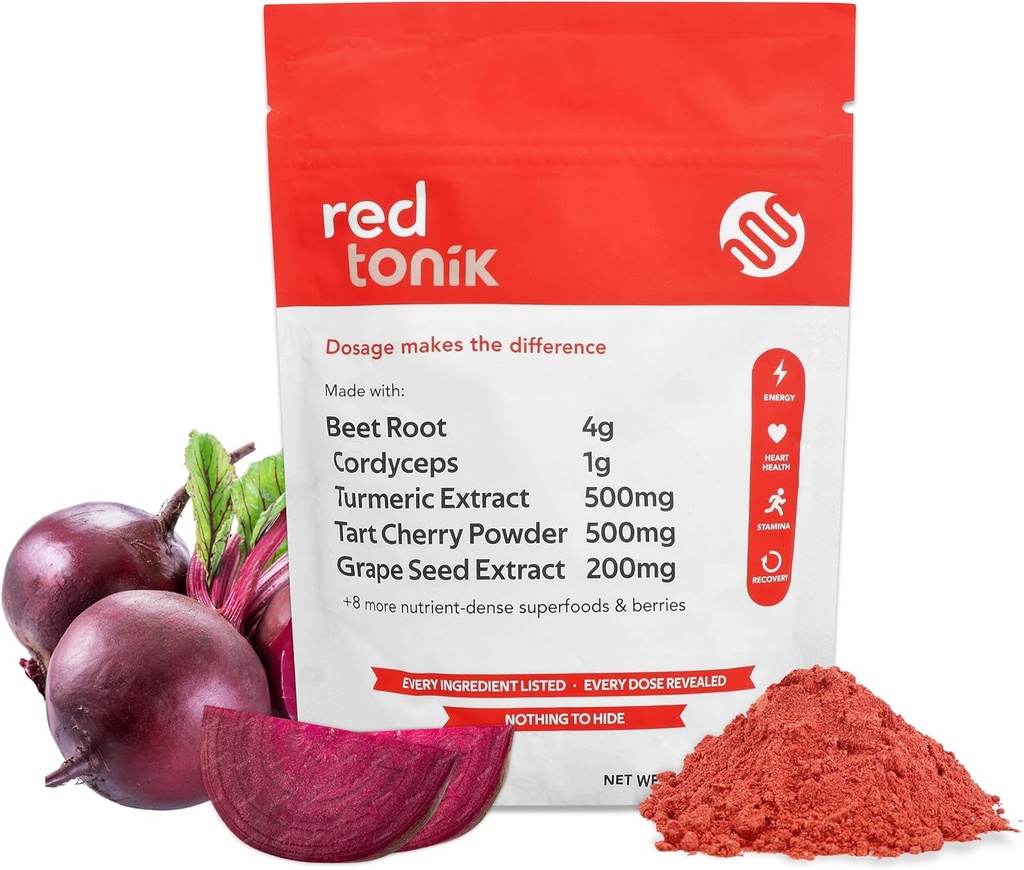 Red Tonik Superfood Powder Beet Root ←Mushroom ←Turmeric ←Suplemento diario con 13 Superfoods ←Vitamins and Minerals ←Boost Energy, Stamina Post-Workout Recovery ←Berry Flavor
