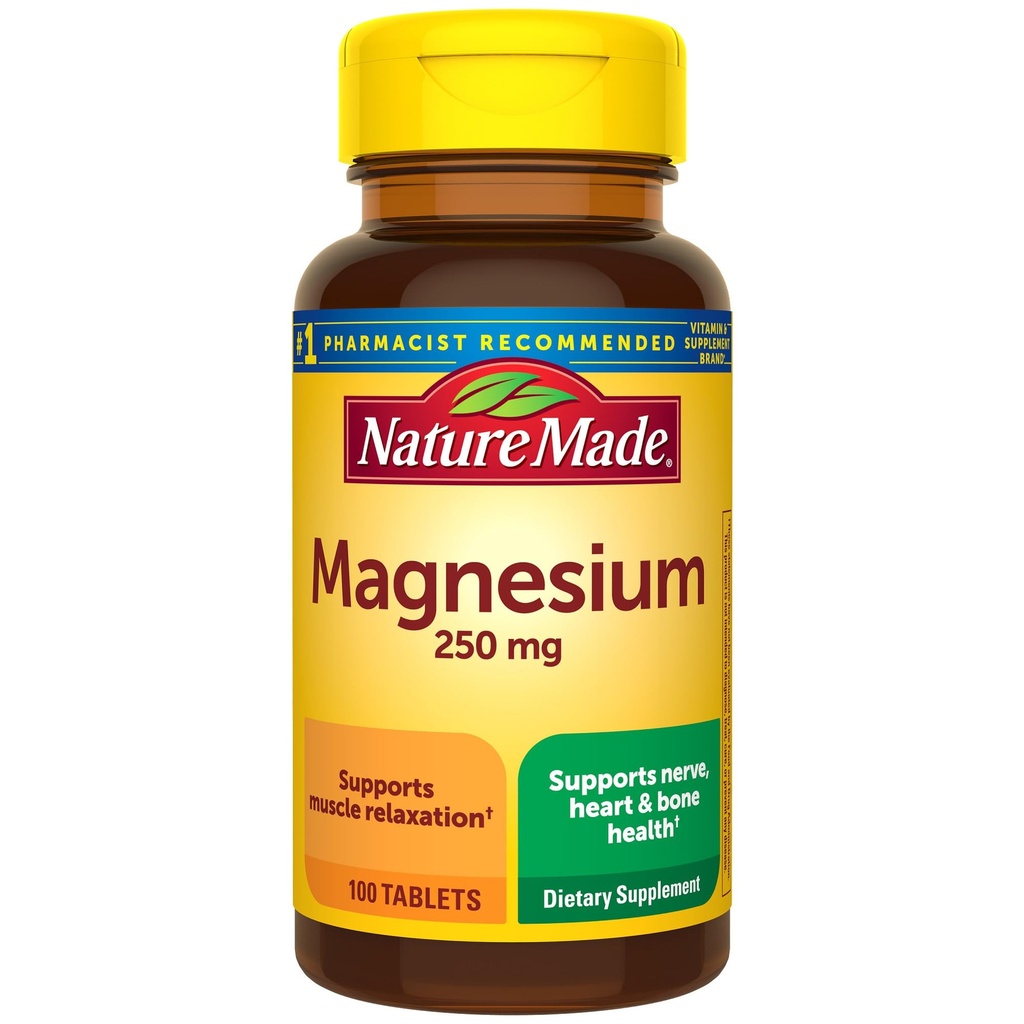 Nature Made Magnesium Oxide 250 mg, Suplementos de Magnesio para Hombres y Mujeres, Apoyo al Musculo, Corazón, Hueso y Salud Nerve, 100 Tabletas, 100 Day Supply