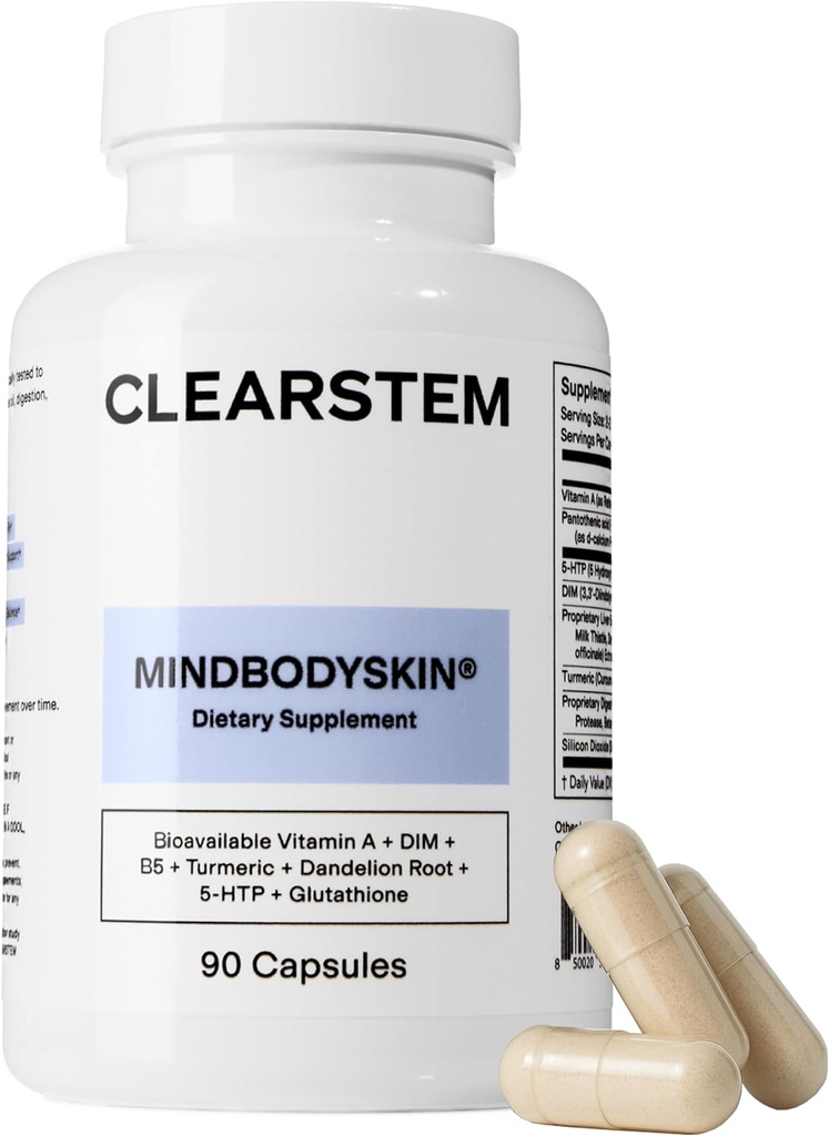 CLEARSTEM - MINDBODYSKIN Hormonal Acne Suplemento (5-HTP) - Natural DIM Suplemento - Cuidado de la piel Vitaminas - Saldo hormonal, Antioxidantes - Gluten Libre, Cruelty Libre - 30 Servimientos, 90 cápsulas