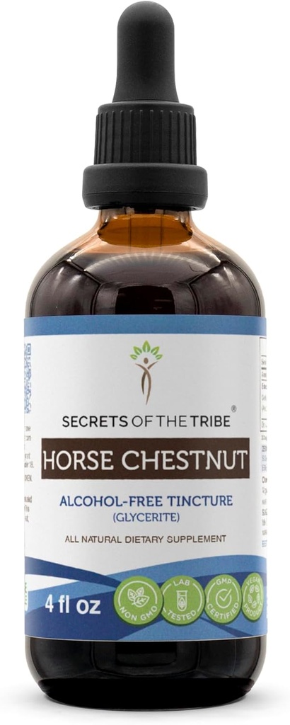 Secretos de la Triba Caballo Chestnut Tincture Extracto líquido libre de alcohol, Castaña de Caballo (Aesculus hippocastanum) Nuez seca (4 FL OZ)