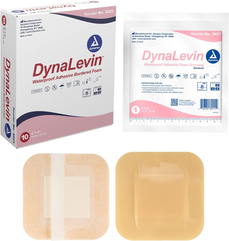 Dynarex Dynalevin Waterproof Adhesive Bordered Foam, 10 Count/4 x 4 Inch
