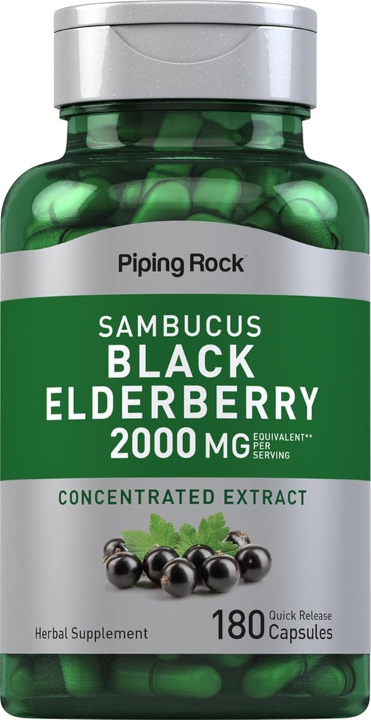 Piping Rock Elderberry Capsules  2000 mg ← 180 Pills ← Sambucus Herbal Extract Supplement ← Concentrated Extract ← Non-GMO, Gluten Free