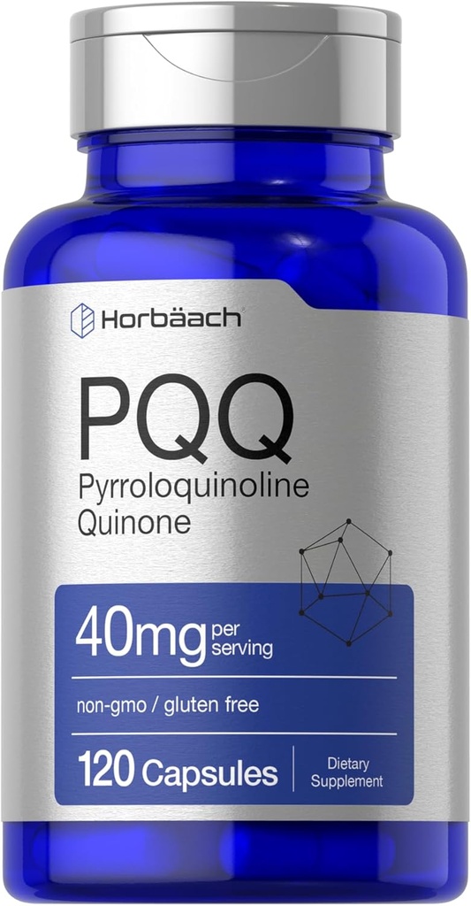 Horbäach PQQ Suplemento 40 mg  120 Capsules  Maximum Strength ← Non-GMO and Gluten Free Supplement ← Pyrroloquinoline Quinone Disodium Salt