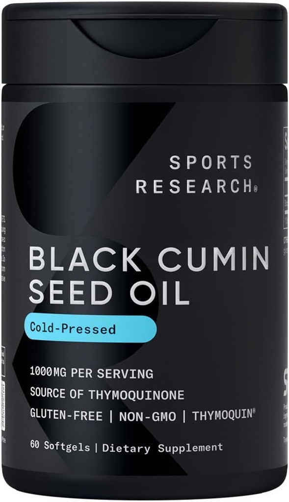 Sports Research Black Seed Oil 1000mg ← Cold Pressed Nigella Sativa Oil with 3% Thymoquinone ← Non-GMO, Gluten-Free Supplement - 60 Liquid Softgels for Adults