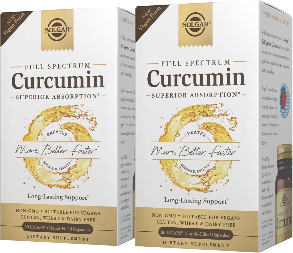 Curcumina de espectro completo Solgar - 60 LiCaps, Pack of 2 - Absorción superior - Cerebro, Salud conjunta e inmunitaria - No GMO, Vegan, Gluten Gratis, Dairy Free - 120 Total Servings