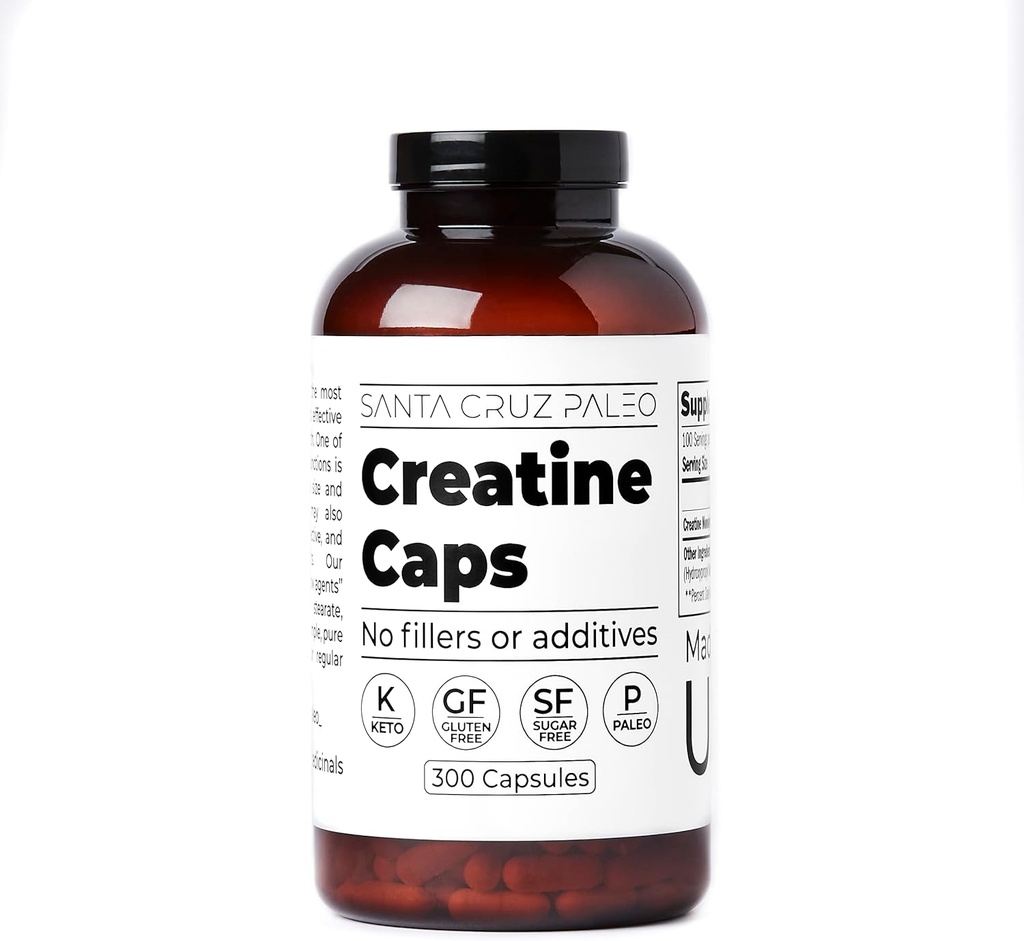 Santa Cruz Paleo Cápsulas de Creatina, apoya el crecimiento muscular " Energía, Gluten Gratis, Keto, Sugar Gratis, Paleo, No Fillers o Aditivos, Cúpulas de Monohidratos Creatina, 2500mg, 100 Servimientos, 300 Cápsulas