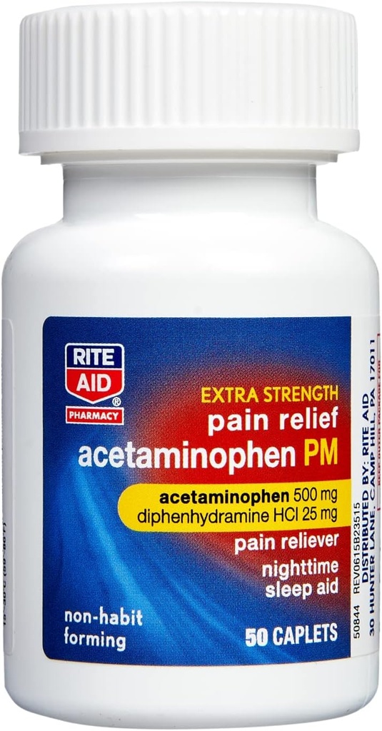 Rite Aid Extra Strength PM Pain Relief Caplets, 500mg Acetaminophen / 25mg Diphenhydramine - 50 Count | Nighttime PM Pain Reliever + Sleep Aid | Joint Pain Relief | Menstrual Pain Relief + PMS Relief
