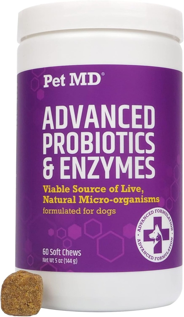 Pet MD Probióticos " Enzymes for Dogs - Gut Health Chews with Prebiotics - Digestive Aid for Dogs with Upset Stomach, Diarrhea, Constipation, or Gas - Funal Probiotics for Dogs - 60 ct