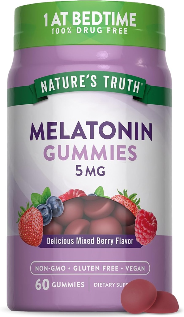 La verdad de la naturaleza Melatonin Gummies 5mg ← 60 Conde ¦ Mixed Berry Flavor  Vegan, Non-GMO &amp; Gluten Free Supplement