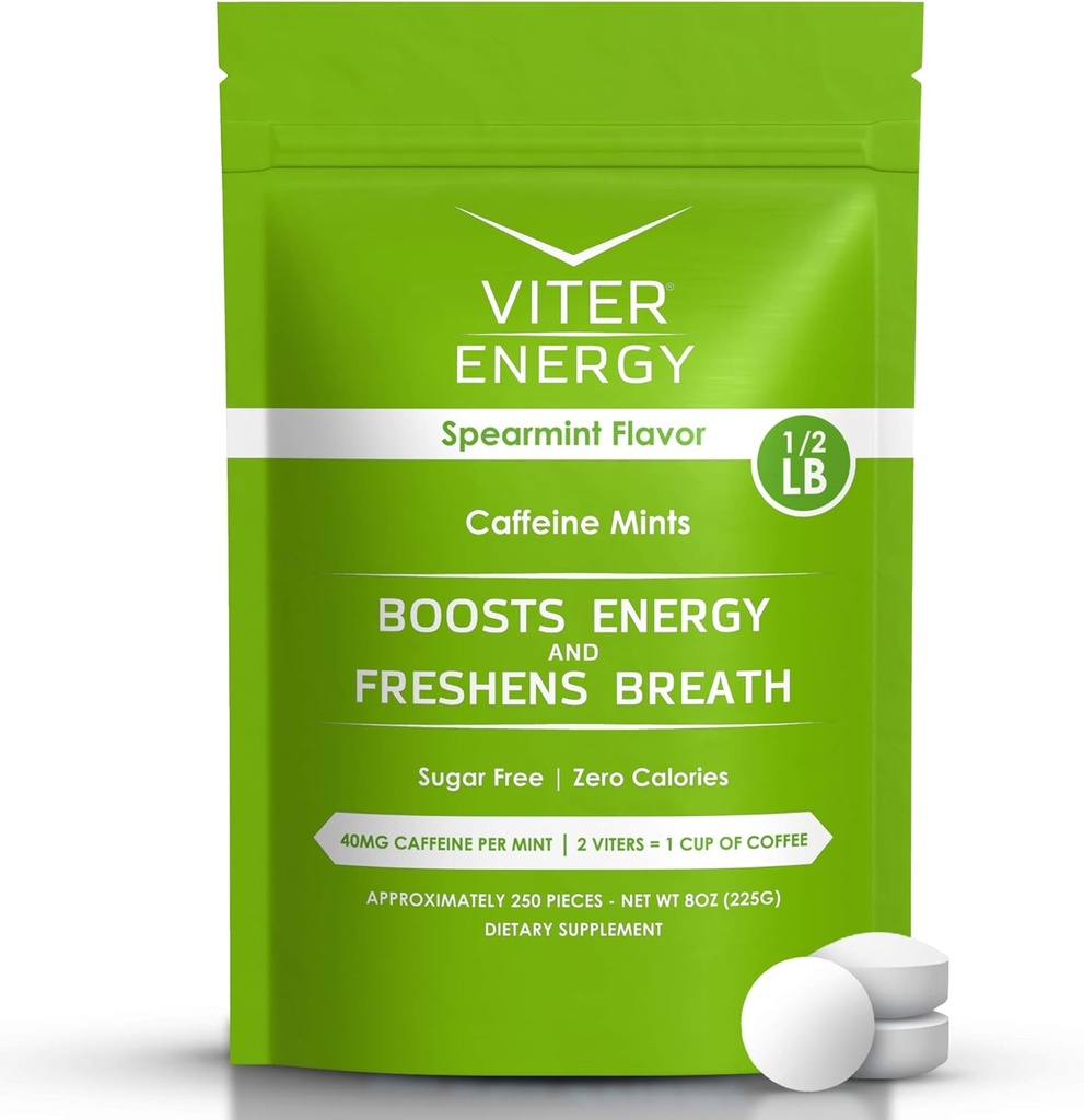 Viter Energy 40mg Caffeine Mints - Sugar Gratis, B Vitaminas, Vegan, Boost Fast Energized Alert Focus, Caffeinated Nootropic Supplement Pills (Spearmint Flavor, 8oz, Bulk Bag)