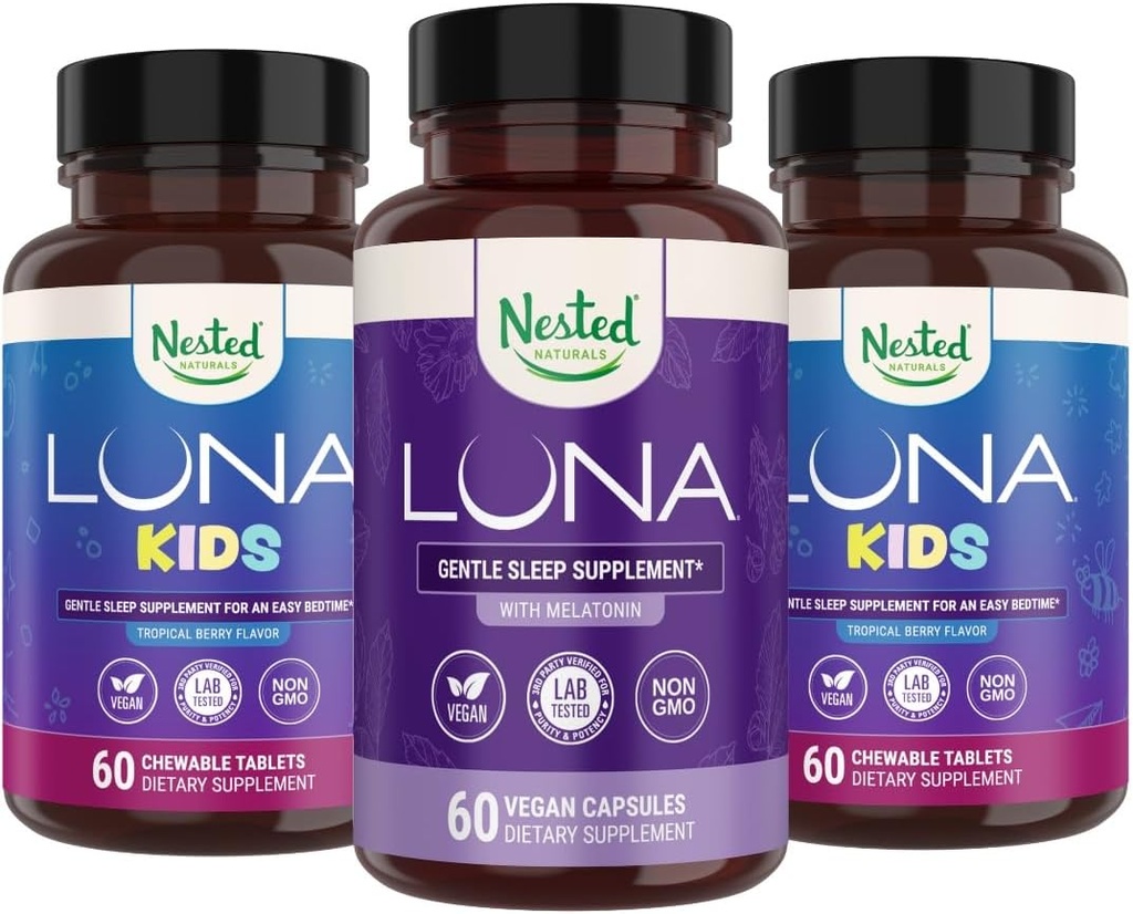 Nido Naturales Luna Niños Suplemento de sueño (60 Tablas Chewable) & Luna Natural Sleep Aid (60 cápsulas Vegan)