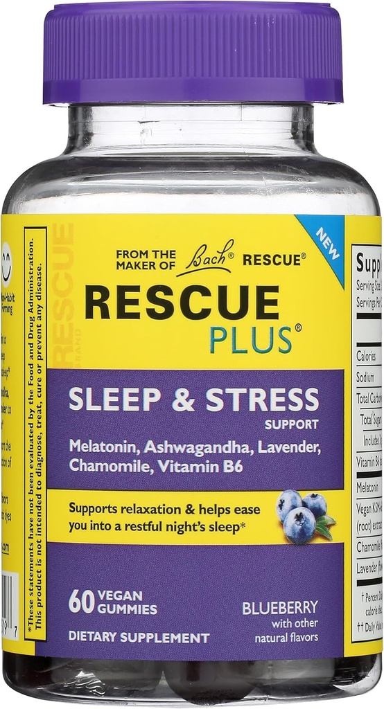 Bach Rescate Plus Apoyo al sueño Gummies, Suplemento dietético nocturno con 1 mg de melatonina, Ashwagandha, manzanilla, lavanda &amp; vitamina B6, 60 Gummies (Pack of 3)