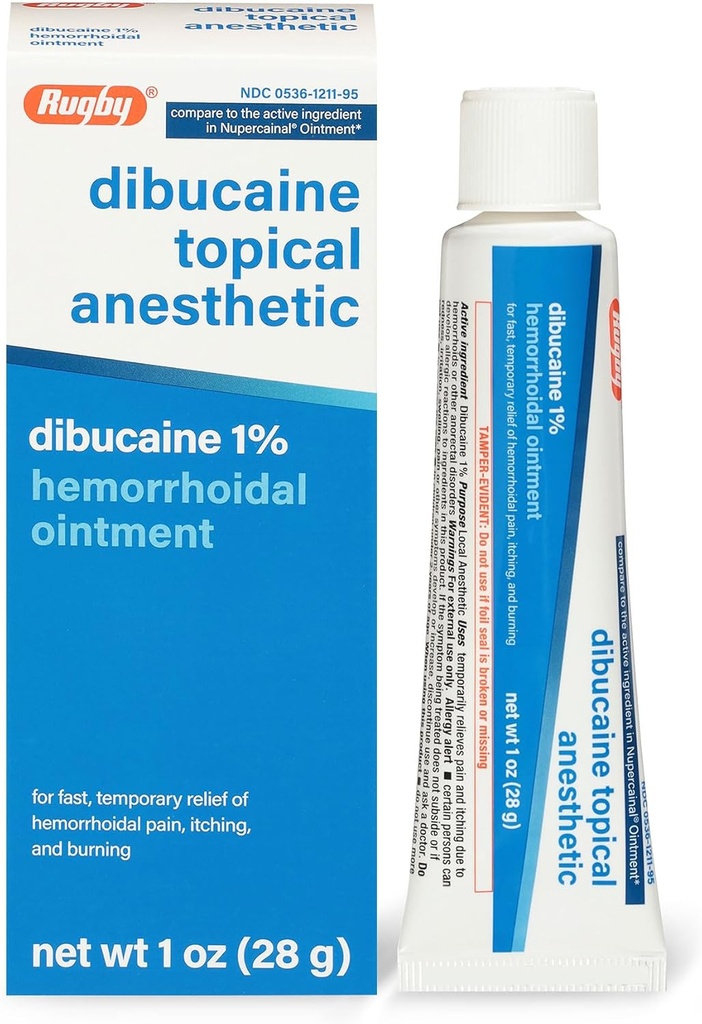 Rugby Dibucaine Topical Anesthetic 1% Hemorrhoid Ointment - Crema de alivio de dolor para picar y quemar, Tratamiento de hemorroides, Anti Itch Cream 1 Oz (1 Pack)
