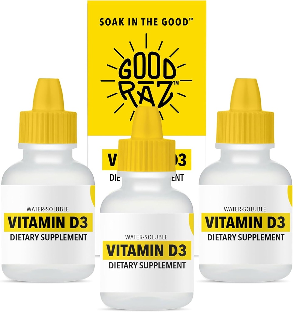Vitamina D gotas Adulto - Agua-Soluble Líquido D3 gotas - Potente Vitamina D gotas líquidas - No Stir, No GMO, Kosher - D3 Líquido para Añadir a la bebida o alimentos, Flavorless - Suministro de 12 meses (3)