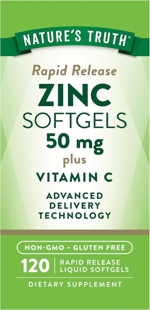 La verdad de la naturaleza Zinc con vitamina C Silencioso 50mg Silencio 120 Softgels Silencio No GMO &amp; Gluten Suplemento gratuito