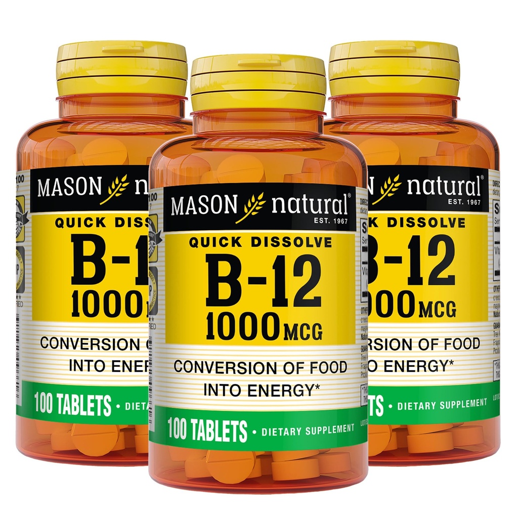MASON NATURAL B,12 1000 mcg Quick Dissolve, 300 Day Supply for Healthy Conversion of Food into Energy (3 Pack)