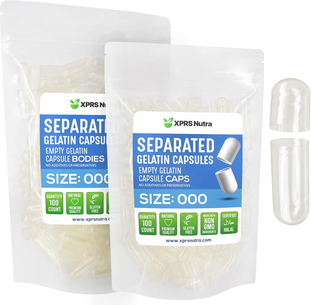 XPRS Nutra cápsulas separadas Tamaño 000-100 Contar grandes capas de gelatina vacías separadas en bolsas - Premium Clear Empty 000 pastillas para relleno de suplementos de bricolaje