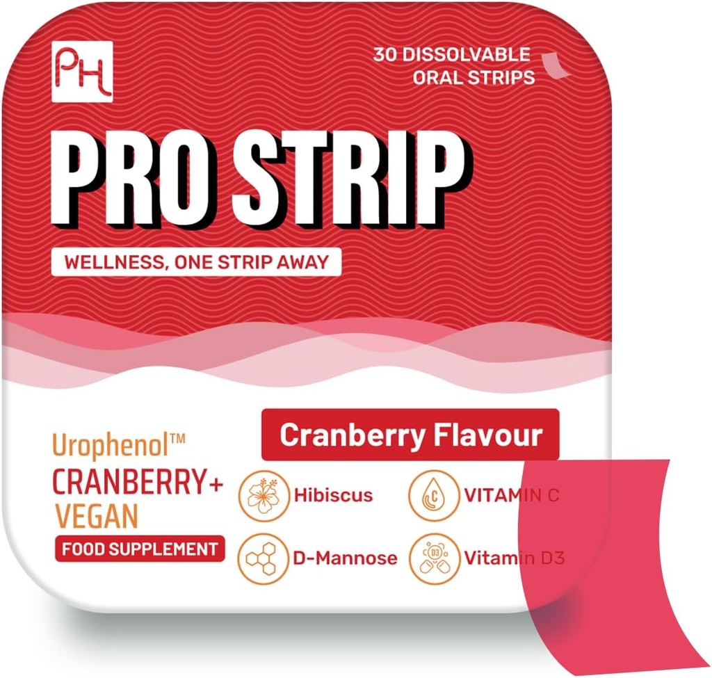 PROSTRIP® Cranberry+ UrophenolTM Proporcionar 36 mg Proanthocyanidins (PACs) - Añadido con D-Mannose, Eco Hibiscus, Vitamina D3, B6 &amp; C – 30 Oral Vegan Strips – No se necesita agua – por Prowise Healthcare