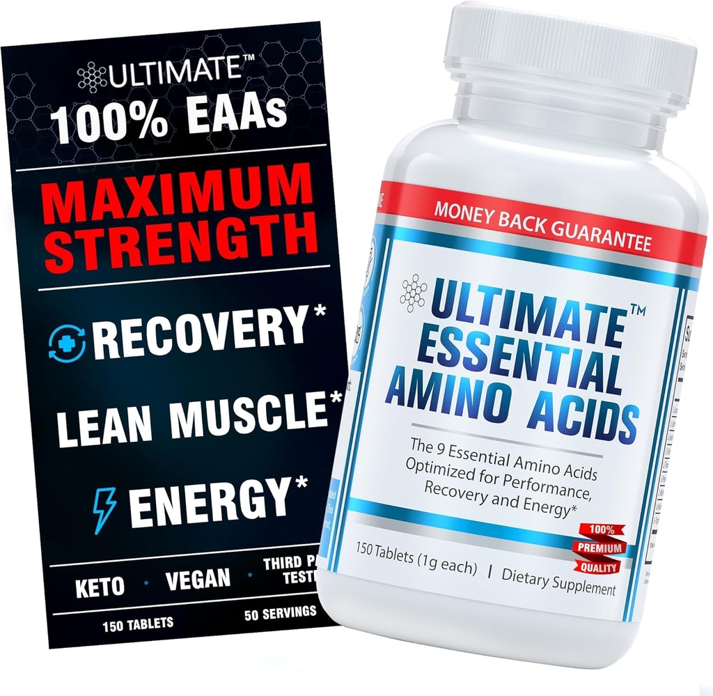 Ultimate 100% Essential Amino Acid Suplemento - 150 Easy-to-Swallow, 1g Coated Tablets - Los 9 EAA con 40% Leucine en Optimized BCAA Ratio - Aumentar Energía, Lean Muscle & Recuperación - Keto & Vegan