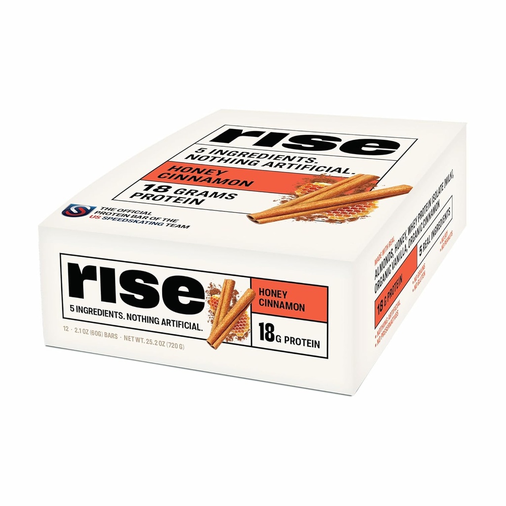 Rise Whey Protein Bares - Canela de miel ← Desayuno Bar &amp; Protein Snack 18g Protein 4g Fiber Just 5 Whole Food Ingredients Gluten-Free Soy Free