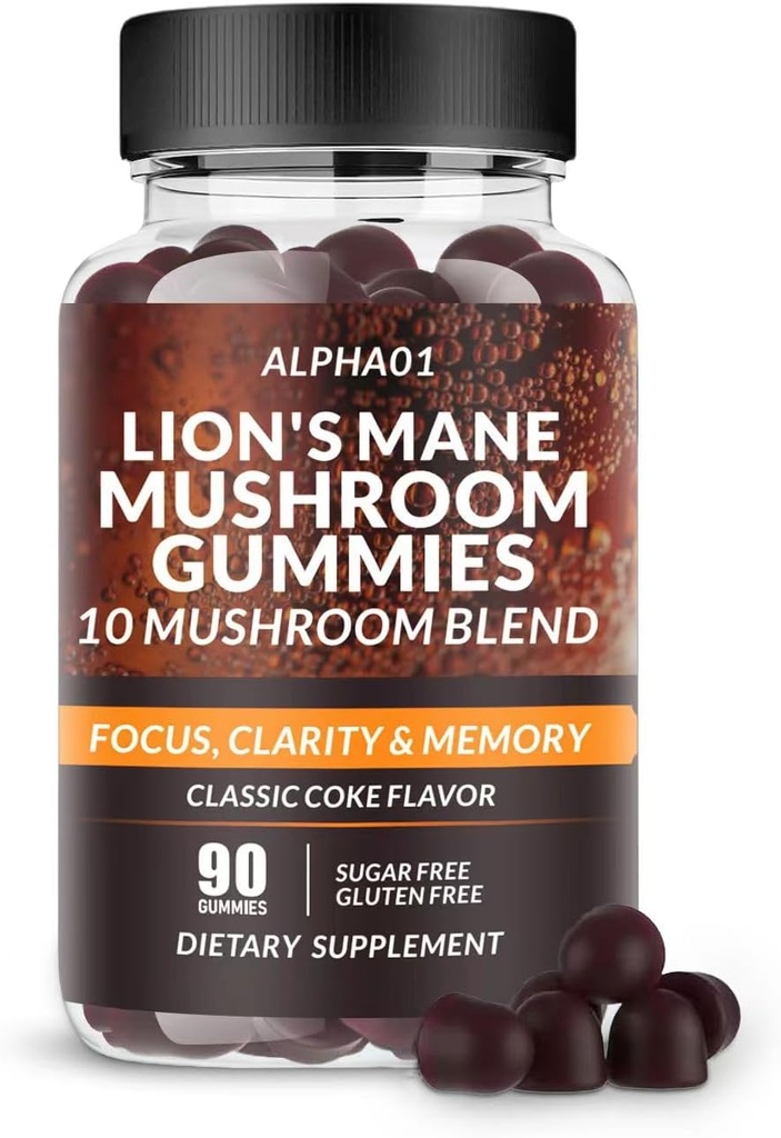 Mushroom Gummies - 10x Mushroom Suplemento con Ashwagandha y Lions Mane - Nootropic Brain Suplemento, Immune Support &amp; Stress Relief (90 CT) Classic Coke