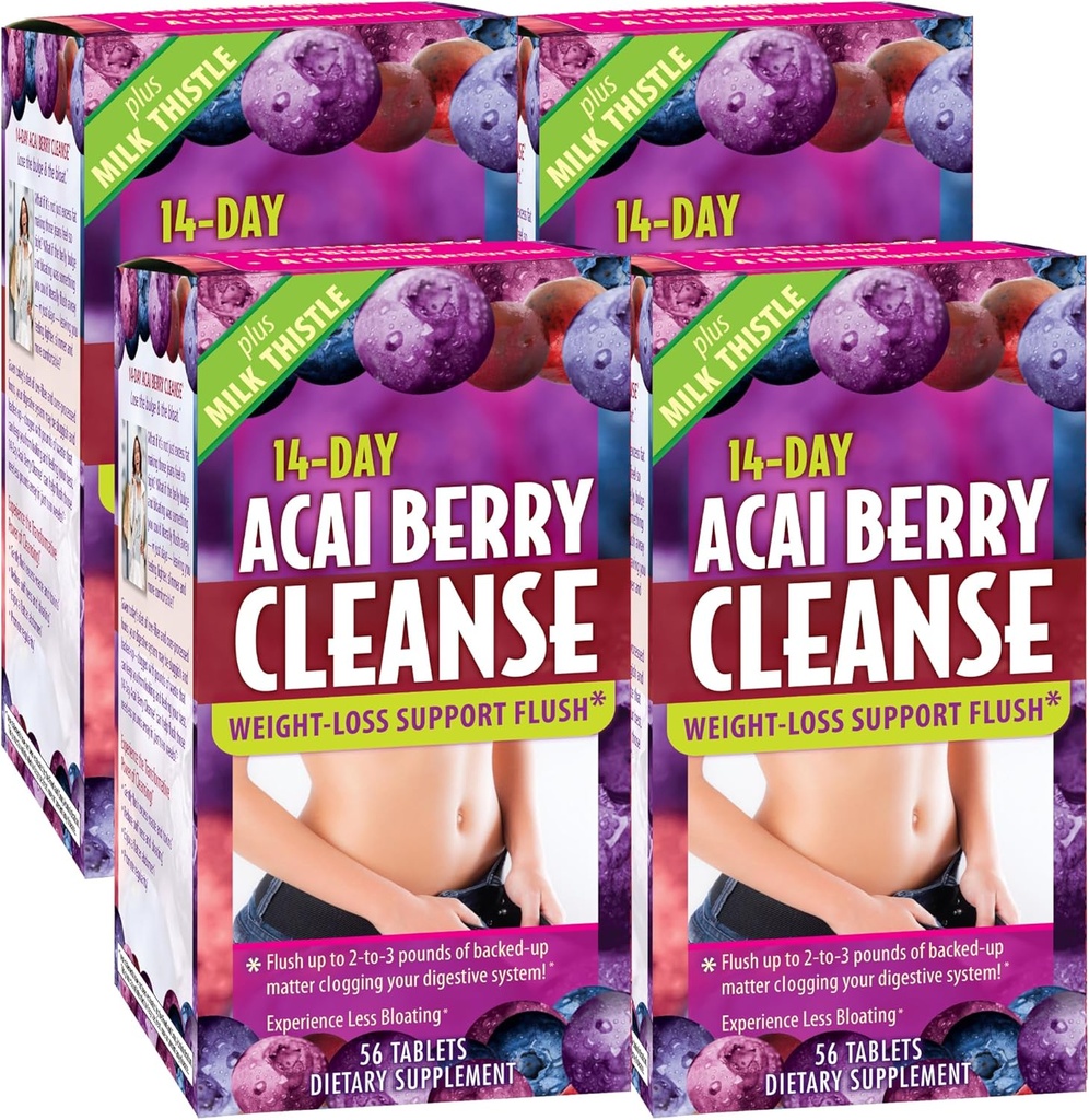 Applied Nutrition 14-Day Acai Berry Cleanse - 56 Tablets, Pack of 4 - Weight-Loss Support Flush + Milk Thistle - 112 Total Servings