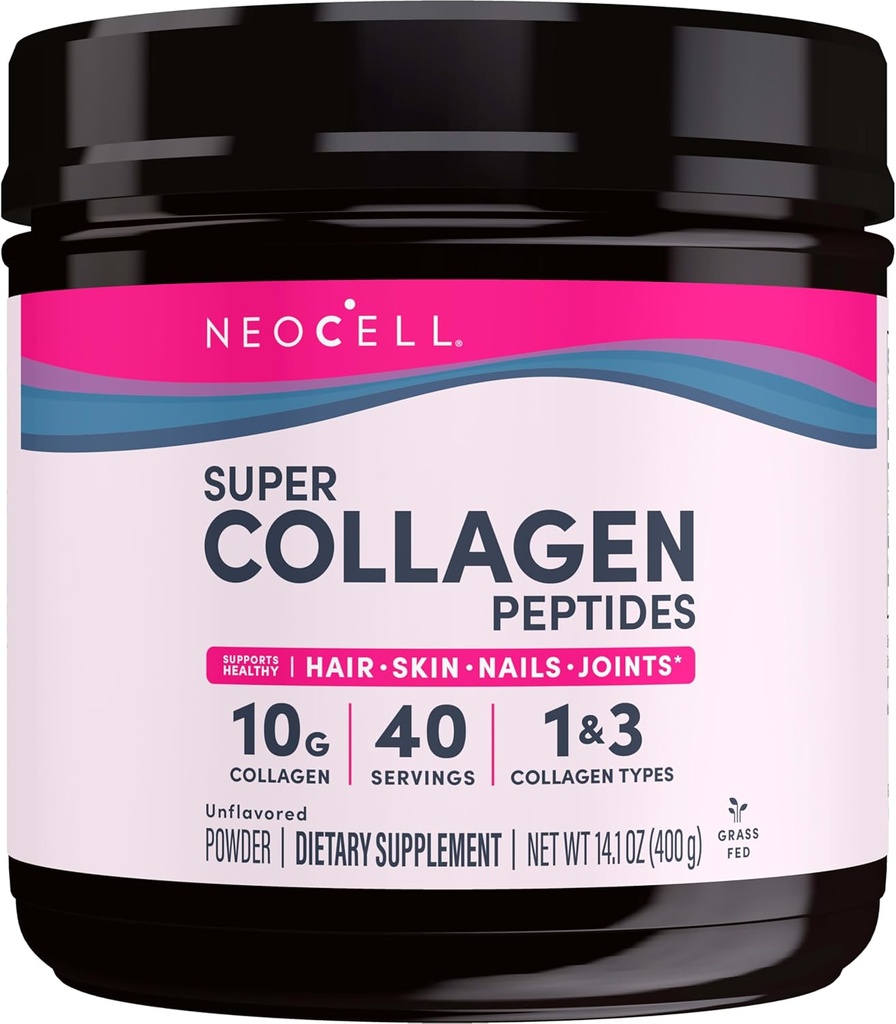 NeoCell Super Collagen Peptides, 10g Collagen Peptides per Serving, Gluten Free, Keto Friendly, Non-GMO, Grass Fed, Healthy Hair, Skin, Nails and Joints, Unflavored Powder, 14.1 oz., 1 Canister