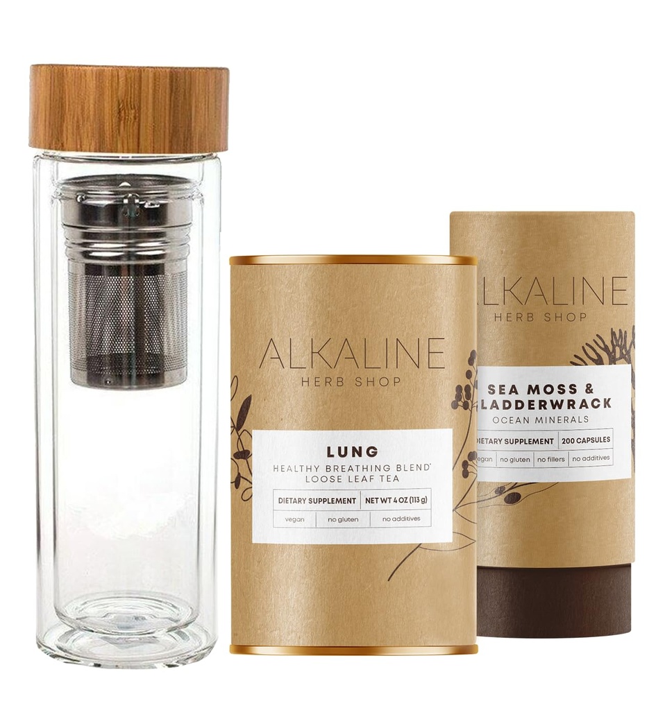 Alkaline Herb Shop Healthy Lung Bundle - Sea Moss & Bladderwrack Supplement, Lung Tea Supplement (Happy Lung Tea) and Double Wall Glass Drink Stainless Steel Tea Infuser Water Bottle Bamboo 17 oz