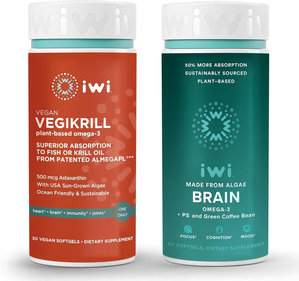 iwi Life Vegikrill & Brain Omega-3 Bundle, 30 Servings, Vegan Plant-Based Algae Omega 3 con EPA + DHA, Krill " Fish Oil Alternative, No Fishy Aftertaste