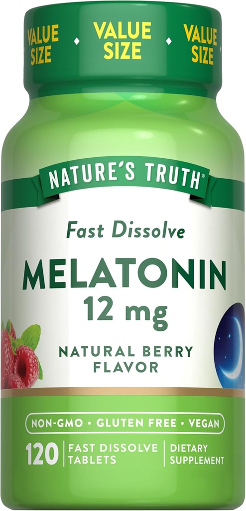La verdad de la naturaleza Melatonin Tablets TEN 12mg ANTE 120 Conde Silencio Natural Berry Flavor ← Fast Dissolve ANTE Vegan, Non-GMO & Gluten Free Supplement