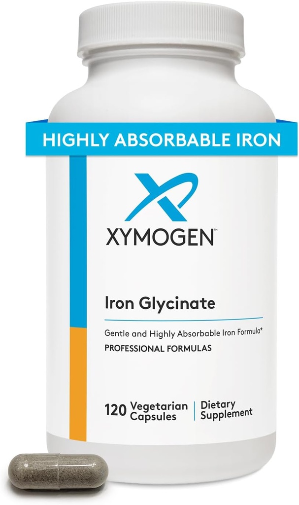 XYMOGEN Iron Glycinate Suplemento – Patented Iron BisGlycinate Vitamina - Diseñado para la alta absorción – Apoya los niveles de hemoglobina y Ferritina – Gentle on Digestion (120 cápsulas)
