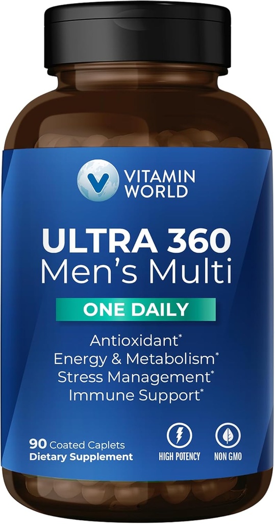 Vitamina Mundial Ultra 360 Multivitamina para Hombres Un diario, Multivitamina de Hombres con Minerales, Herbs & Antioxidantes, Suplemento diario con vitamina A, C, D, E Zinc for Energy &amp; Immune Support, 90 caplets