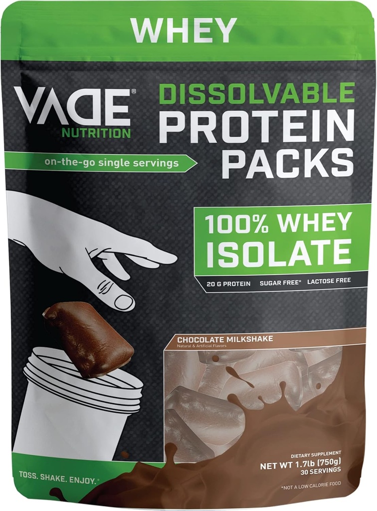 Paquetes de proteínas dissolvable VADE Nutrition - 100% Whey Isolate Protein Powder Chocolate Milkshake - Bajo Carb, Baja Calorie, Lactose Gratis, Sugar Gratis, Gratuito, Gluten Gratis - 30 Packets to Go
