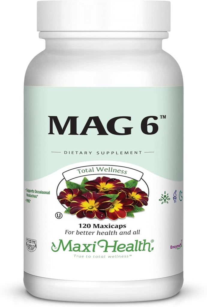 Maxi Health MAG 6 - Magnesium (como Oxide, Glycinate) with Vitamin B6 - Migraine, Muscle Cramps, Kidney Stone Support - Magnesium Supplement for Women &amp; Men - 120 Capsules - Kosher