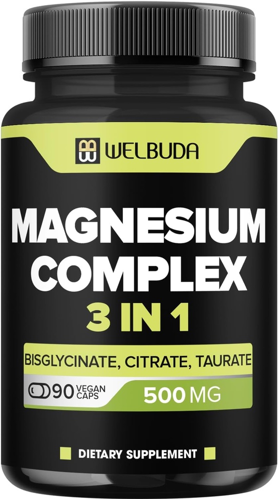 3in1 Complejo de Magnesio 20% Purificado - 500 mg de Bisglycinate de Magnesio, Citrato " óxido para el musculo, Relajación Mood, Bone Health " Más - 90 cápsulas