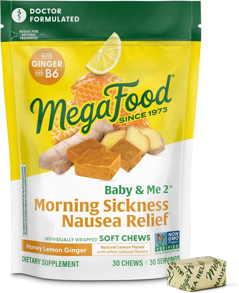 MegaFood Baby &amp; Me Prenatal Morning Sickness Relief, Ginger Chews, with Vitamin B6, Made Without 9 Food Allergens, Honey Lemon Ginger Flavor, 30 Chews