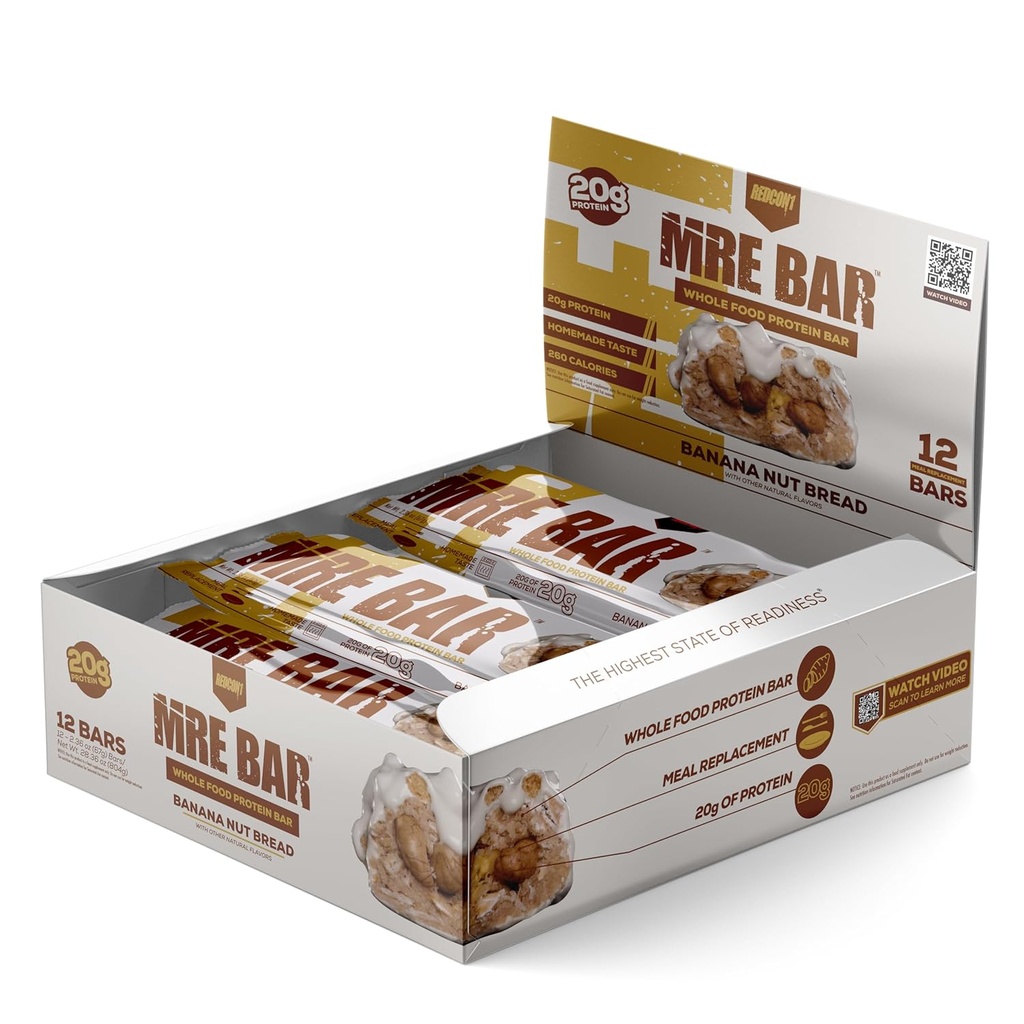 REDCON1 MRE Protein Bar, Banana Nut Pan - Contiene MCT Oil + 20g de Whole Food Protein - Easily Digestible, Macro Balanced Low Sugar Meal Replacement Bar (12 Bares)