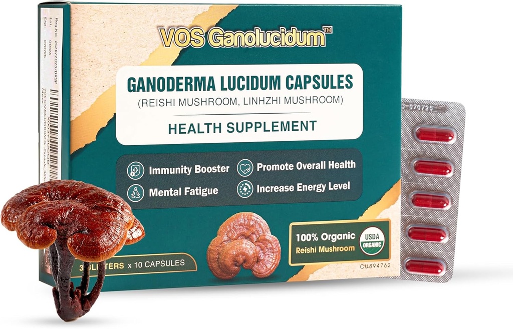 Red Reishi Mushroom Capsules for Immunity, Ganoderma lucidum Extract, Natural Vegan Reishi Mushrooms Daily, 70mg, 30 cápsulas