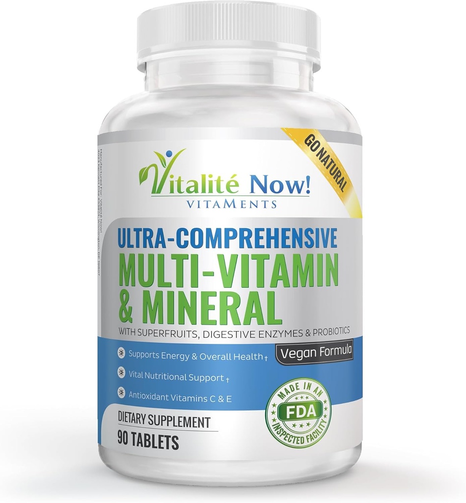 Vegan Whole Food Multivitamin & Mineral - Vitaminas A B1 B2 B6 B12 C D3 E & 110 Super Foods, Herbs, Greens & Reds - Enzymes &amp; Probiotics for Immune Support - Energy Boost - 90 Tablets