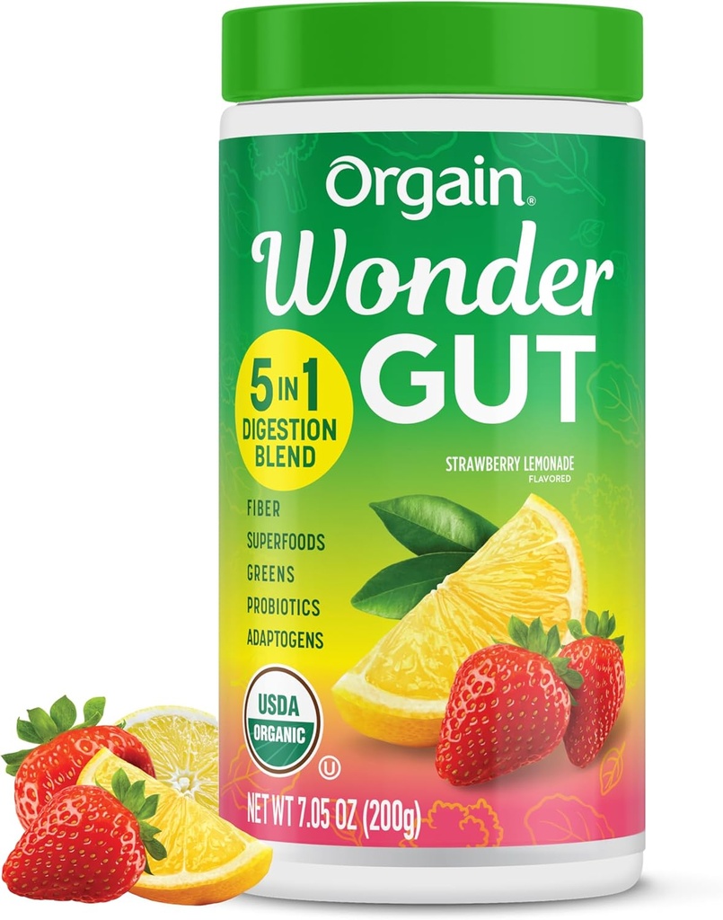 Orgain Organic Wonder Gut Fiber Supplement Powder, 5 in 1 Blend with 1 Billion Probiotics, Greens, Vitamina C, Adaptogens for Gut Health and Immune Support, Non-GMO, Strawberry Lemonade, 7.05 oz