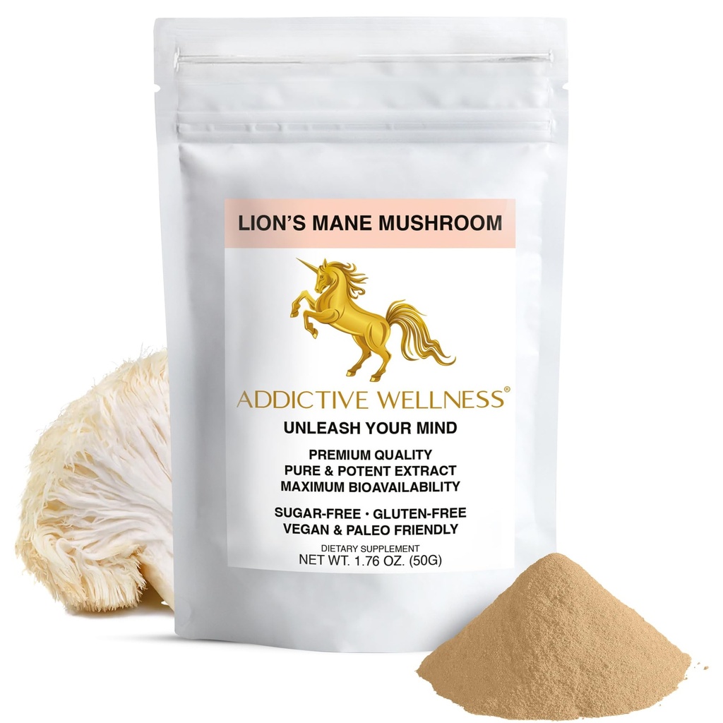 Addictive Wellness Lions Mane Supplement Powder, Premium Quality Lions Mane Mushroom Powder Dual-Extract Nootropic, Sugar Free, Vegan & Paleo Friendly Lion's Mane Mushroom Supplement - 1500 mg