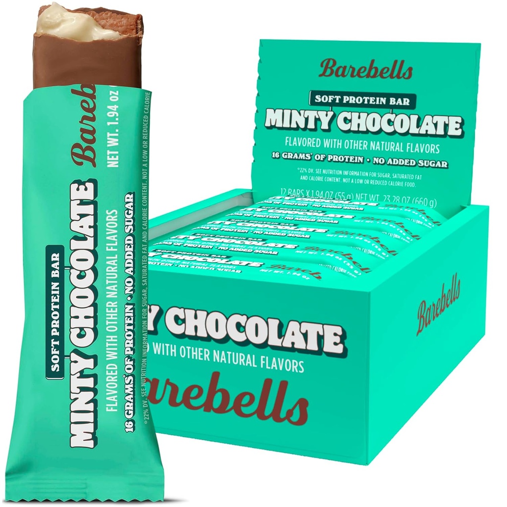 Barebells Soft Protein Bars, Minty Chocolate - 12 Count, 16g High Protein Treats - Chocolate Nutrition Bar with 1g Total Sugars - On The Go Breakfast or Post-Workout Snack