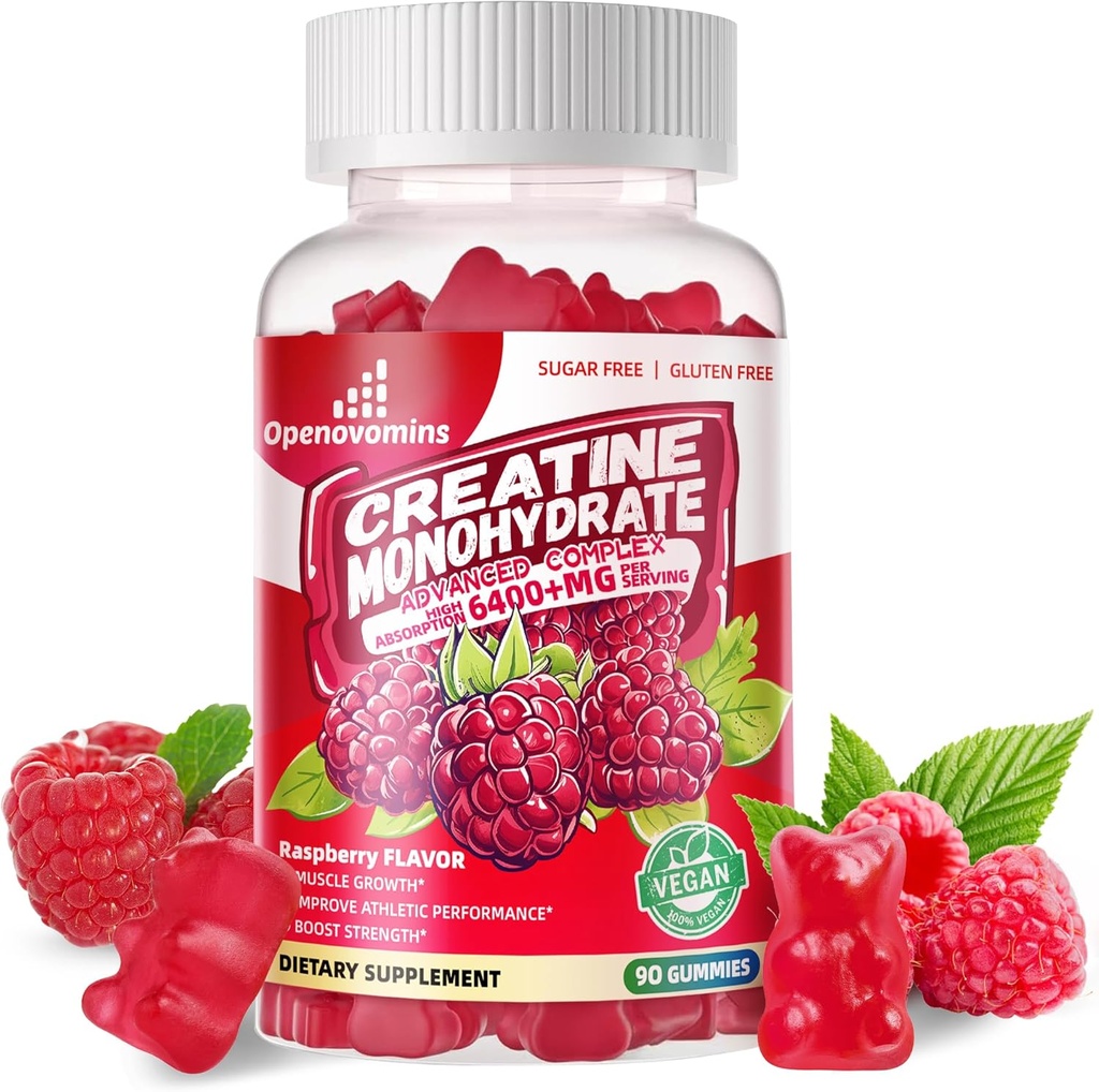 Cretina Monohydrate Gummies Complejo 6400mg para Hombres &amp; Mujeres -Fórmula avanzada W/L-Taurina + Vitamina B12, Sugar Suplemento Chewable Libre,90 Raspberry Gummies