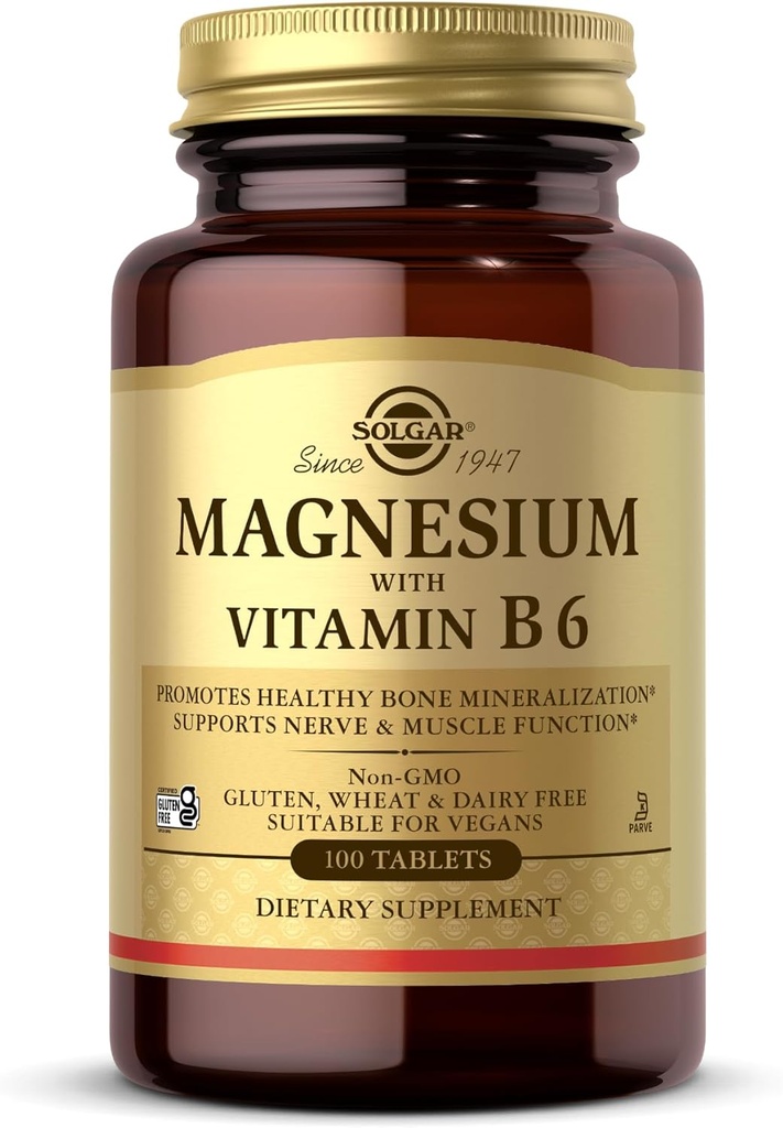 Magnesio de Solgar con Vitamina B6, 100 Tabletas - Promover la mineralización de huesos saludables, Soporte Nerve & Función muscular, Metabolismo energético - No GMO, Vegan, Gluten Gratis, Dairy Free, Kosher - 33 Serviciones